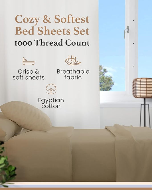 Good Sleep Bedding King Bed Sheet Set - 4 Pc, 1000 Thread Count Egyptian Cotton Sheets, Hotel Style Sheets King Size Deep Pocket, Fits Upto 16 Inch, Soft & Breathable Sheet & Pillowcase Sets - Taupe