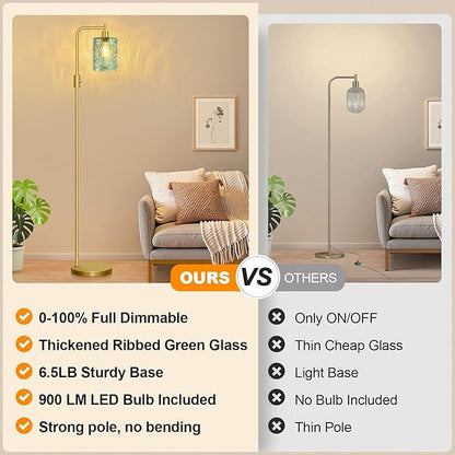 【Upgraded】 Dimmable Glass Floor Lamp for Living Room, Modern Gold Standing Lamp with Green Feather Glass Lampshade & Knob Dimmer, Arc Tall Lamp for Bedroom Office Reading Room, 2700K Led Bulb Included