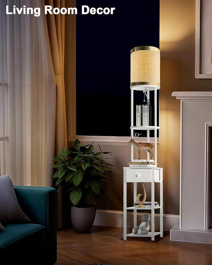 Lightdot 65IN Floor Lamps with Storage Table&Drawer, Corner Shelf Lamps with White End Table and Fabric Lampshade, Modern Standing Tall Lamp for Living Room/Bedroom/Office(E26 LED Bulb Included)