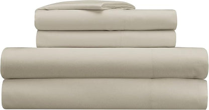 Serta Simply Clean Super Soft Hypoallergenic Stain Resistant Deep Pocket 4 Pieces Solid Bed Sheet Set, Full, Khaki