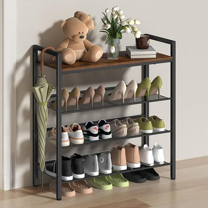 4 Tier Shoe Rack for Front Door Entrance, Shoe Rack for Entryway, Metal Shoe Organizer Heavy Duty with Wooden Top & Adjustable Mesh Shelves, Shoe Storage for Closet Bedroom Bathroom Dorm Garage
