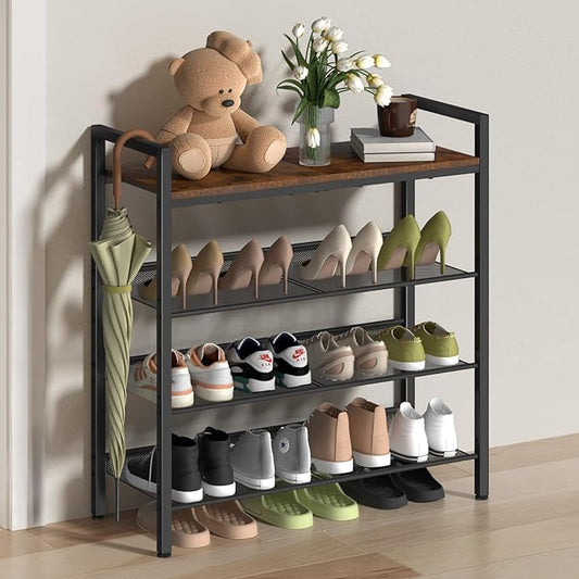 4 Tier Shoe Rack for Front Door Entrance, Shoe Rack for Entryway, Metal Shoe Organizer Heavy Duty with Wooden Top & Adjustable Mesh Shelves, Shoe Storage for Closet Bedroom Bathroom Dorm Garage