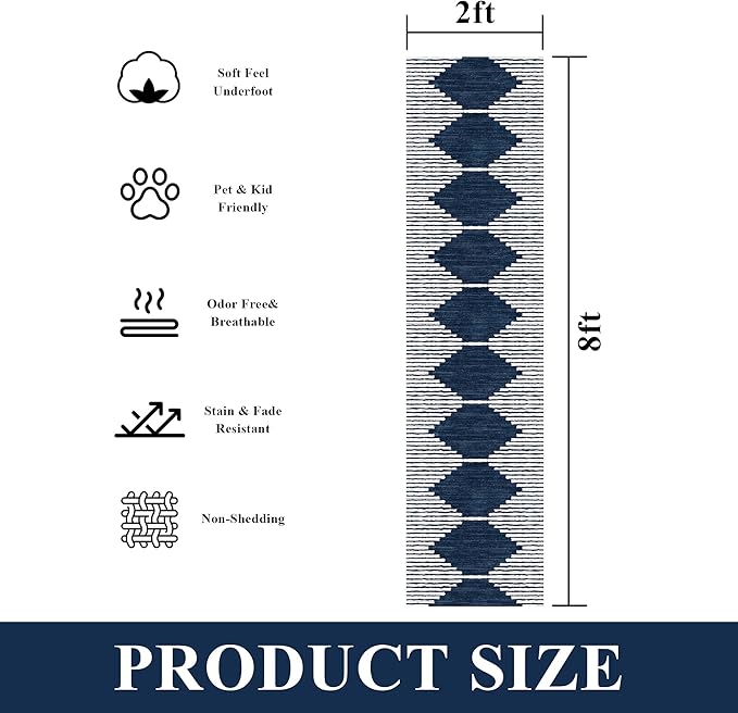 HelloTree Hallway Runner Rug，2x8 Moroccan Modern Stripe Carpet Washable Machine Bathroom Runner Bohemian Design Modern Soft Non Slip Indoor Rug for Entryway Hallway Laundry Room Bedroom-Blue