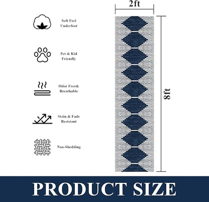HelloTree Hallway Runner Rug，2x8 Moroccan Modern Stripe Carpet Washable Machine Bathroom Runner Bohemian Design Modern Soft Non Slip Indoor Rug for Entryway Hallway Laundry Room Bedroom-Blue