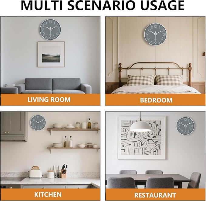 Wall Clock, Silent Wall Clocks Battery Operated 10 Inch Modern Non Ticking Analog Clock with Large Numerals Tempered Glass Clocks for Bedroom, Living Room, Kitchen, Office Decor, Grey