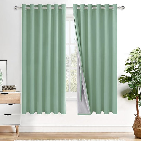 XWZO Full Blackout Curtains - Thermal Insulated Black Liner Curtains, Noise Reducing and Heat Blocking Drapes for Hall and Studio Large Windows with Tiebacks, Light Sage, W70 x L63, Set of 2