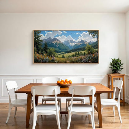 HLNIUC Green Forest Mountain Landscape horizontal Wall Art Framed, Colorful Wildflower Nature Decor(20x40), Blue Sky White Cloud Canvas Painting, Woodland Tree Print for Living Room, Bedroom, Office