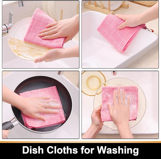 Mordimy 100% Cotton Terry Cloth Dish Cloths, Soft and Absorbent Checkered Dish Towels, Quick Drying Dish Rags for Washing Dishes, 8 Pack, 12 x 12 Inches, Pink