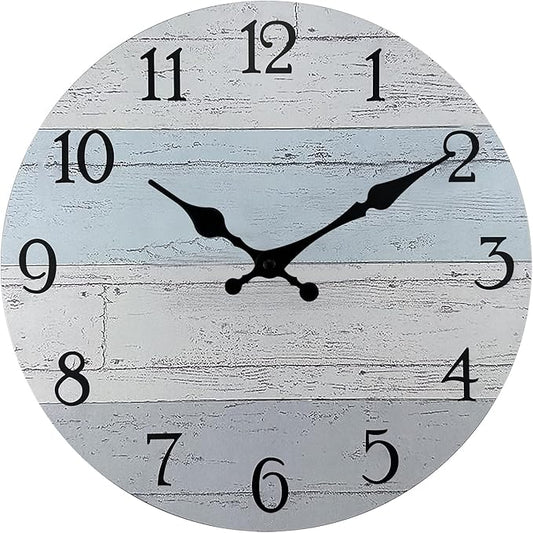 Plumeet Wall Clock, 12'' Frameless Wooden Wall Clocks with Silent Quartz Movement, Rustic Coastal Country Village Clocks Decorative for Kitchen Bedroom Living Room