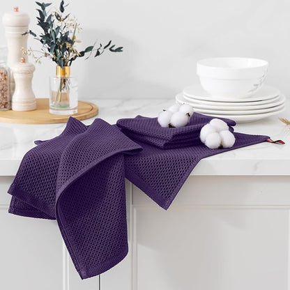 Kitinjoy 100% Cotton Kitchen Towels and Dishcloths Set, 8 Pack Waffle Weave Dish Towels Ultra Soft Absorbent Quick Drying Dish Rags, 13 x 28 Inch and 12 X 12 Inch, Eggplant