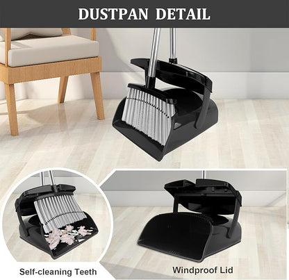 Broom and Dustpan Set, 51" Long Handle Broom with Dustpan Combo Set, Windproof Standing Dust pan with Self-Cleaning Teeth, Household Set Sweep Kitchen Office Lobby Pet Room