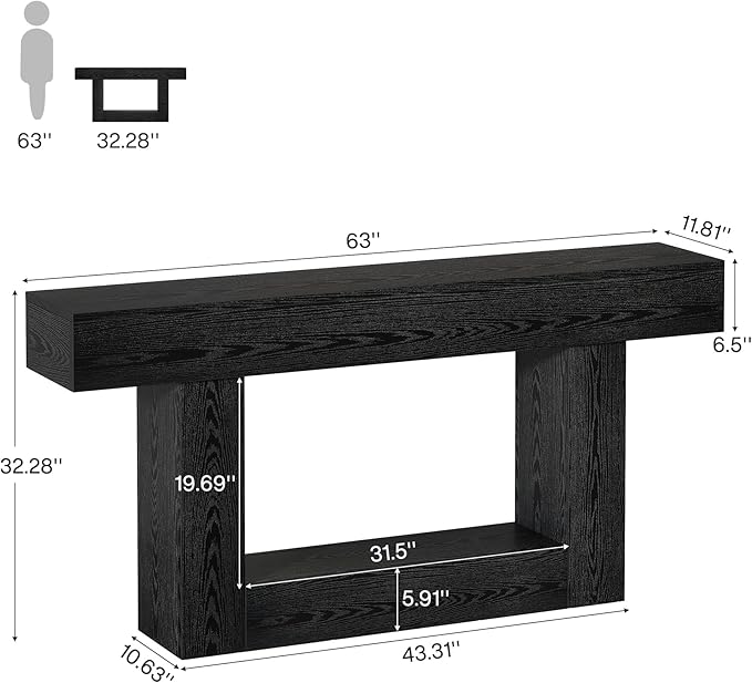Tribesigns 63" Console Table, Farmhouse 2-Tier Entryway Table with U-Shaped Base, Narrow Long Wood Sofa Table Behind Couch Table for Living Room, Hallway, Foyer, Black