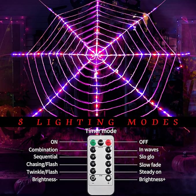 144 LED Halloween Spider Web Lights Decor, Net Light Decoration 3.6 m Giant Round Light up Net with Remote Control - 8 Modes & Timer