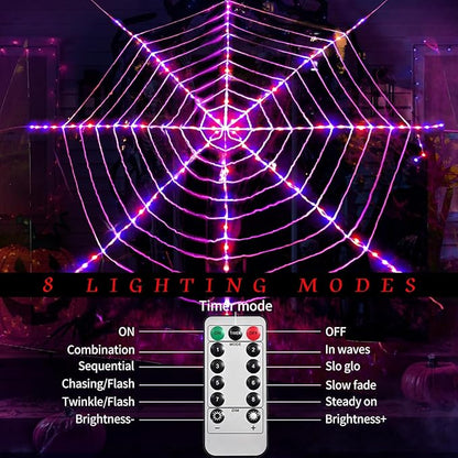 144 LED Halloween Spider Web Lights Decor, Net Light Decoration 3.6 m Giant Round Light up Net with Remote Control - 8 Modes & Timer