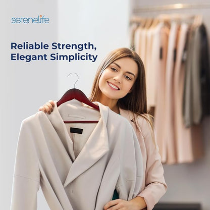 SereneLife 50 Pack Wooden Hangers Cherry Finish Heavy Duty Suit and Coat Hanger Set with 10 lb Capacity 360° Swivel Chrome Hook Non Slip Notches Pants Bar Space Saving Closet Clothes Organizer