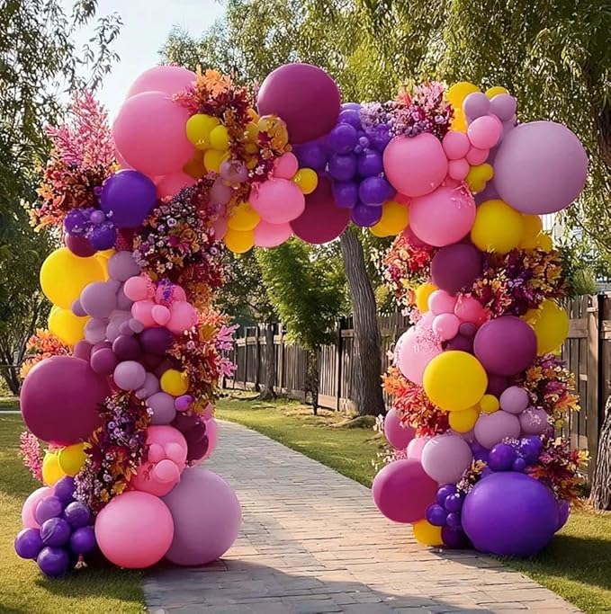Pink Yellow Balloon Arch - Double Stuffed Hot Pink Purple Balloons Different Size Latex Magenta Balloon Garland for Happy Birthday Baby Shower Wedding Fall Mexican Party Decorations