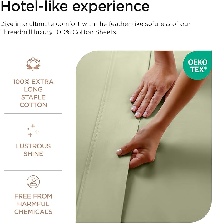 Threadmill 100% Cotton Sheets for Full Size Bed - 600 Thread Count Full Bed Sheets Set with 16” Deep Pocket - Sateen Weave 4-Piece Bedding Set with Cooling Effect, Sage Green