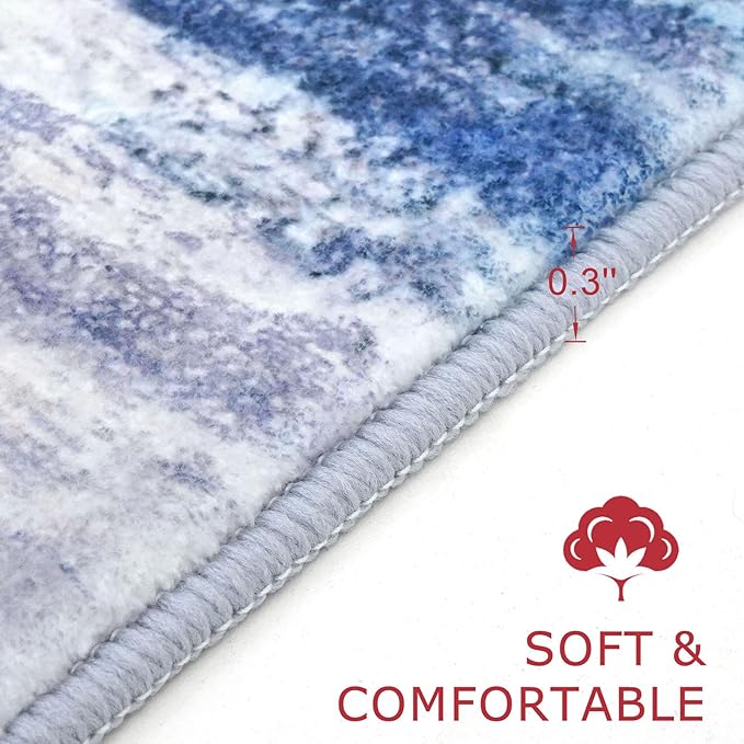 KOZYFLY Modern Abstract Small Area Rugs, 2x3 Washable Kitchen Rug Non-Slip Soft Small Bathroom Rug, Blue/Grey/Beige Striped Entryway Rugs Abstract Print Faux Wool Doormat for Bedside Entrance Bedroom
