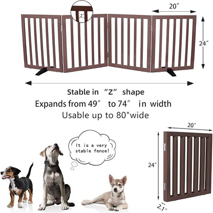 Dog Gate Indoor, Freestanding Dog Fence for The House, Doorways, Hallways,or Stairs,Pet Gate Foldable Wooden,Expandable 24" Height 4 Panels,Brown