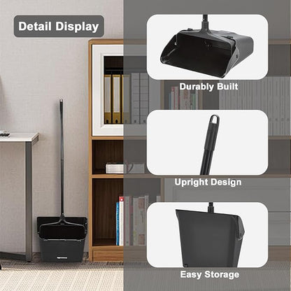 3-Pack Commercial Upright Dust Pan with Long Handle and Wheels – Heavy Duty Large Dust Pans for Indoor/Outdoor Use, Janitorial or House Cleaning Tools, Black Standing Dustpan