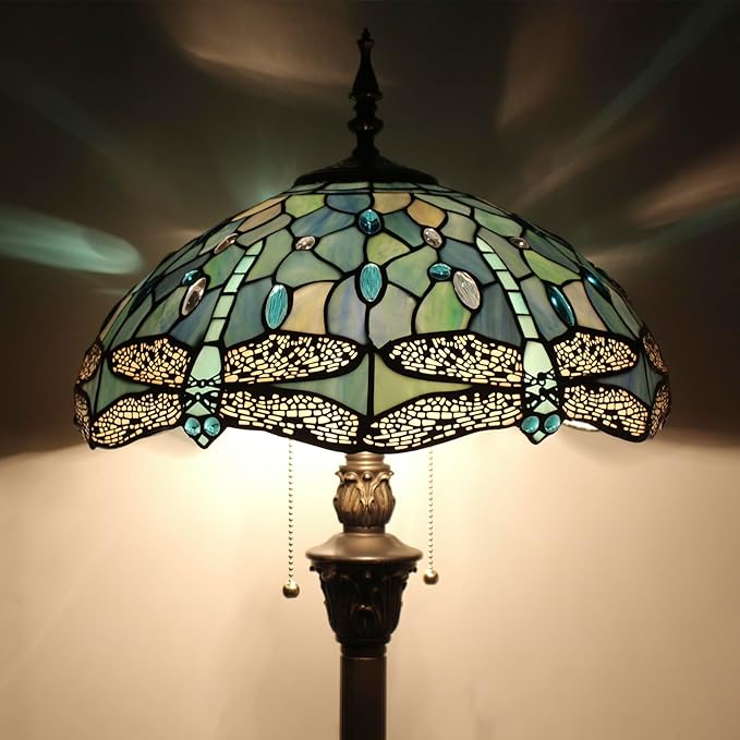 Tiffany Floor Lamp Sea Blue Stained Glass Dragonfly Style 16X16X70 Inch Antique Standing Reading Light