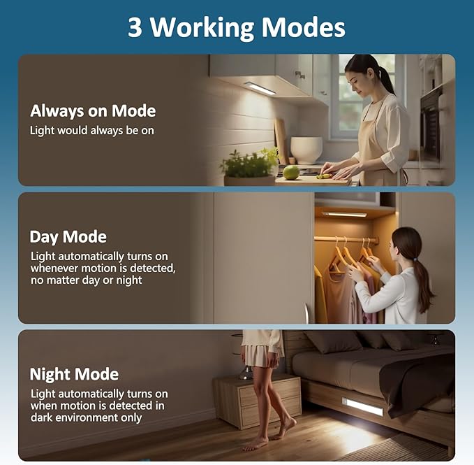 Ascher 10.2inch Under Cabinet Lights, 2000mAh Rechargeable Motion Sensor Light indoor, 3 Color Temperatures & Stepless Dimmable Closet Lights, Magnetic Under Counter Light for Kitchen, Silver - 2 Pack