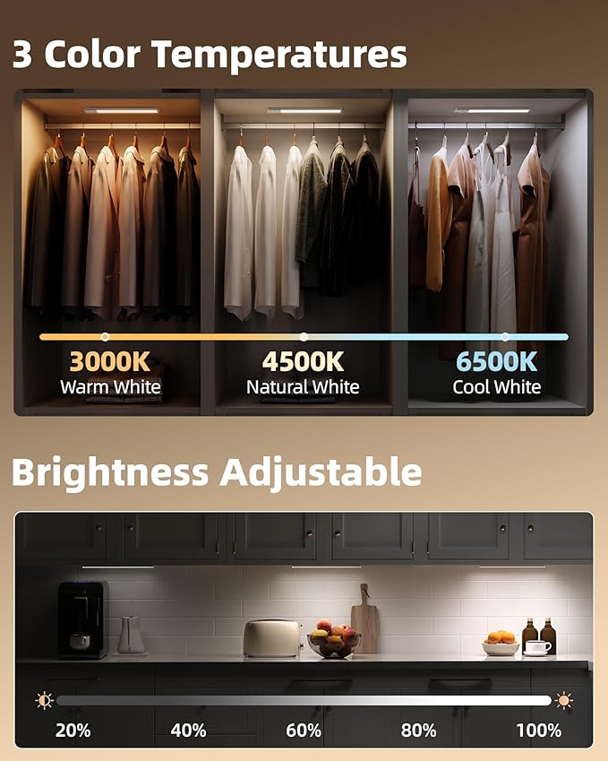 EZVALO 4-Pack Under Cabinet Lighting, 3200mAh Rechargeable Motion Sensor Light Indoor, with Dimmable & 3 Color Temps, Magnetic Closet Lights, Wireless Under Counter Lights for Kitchen, Stairs (12inch)