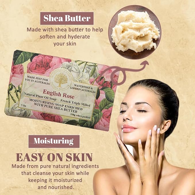 Wavertree & London English Rose Scented Natural Soap Bars for Women & Men (8 x 7oz) – Moisturizing Triple-Milled Soap Bars Enriched with Shea Butter – Plant-Based Bath & Body Bar for All Skin Types
