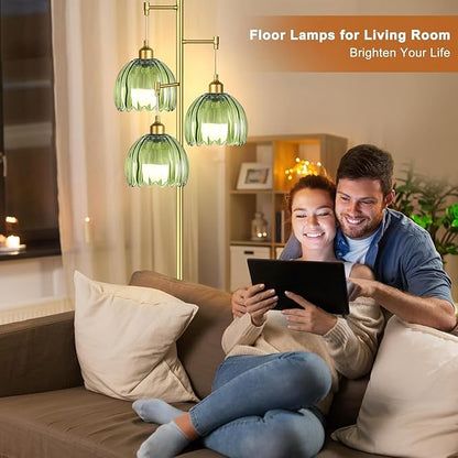 Modern Floor Lamp for Living Room Bedroom-3 Light Gold Floor Lamp with Glass Lampshape, Flower Tall Lamp Glass Standing Lamp Tree Green Floor Lamps for Living Room Bedroom,Corner