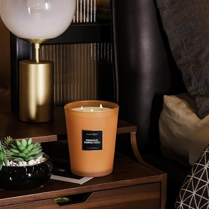 HomeLights Highly Scented Candles, Big 33.3 oz for Home, Natural Soy Aromatherapy Candles, Smokeless Long Lasting 130h with 3 Cotton Wicks, Candles Gifts for Women & Men - Farmhouse Pumpkin Tweed