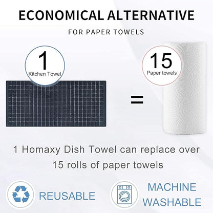 Homaxy 100% Cotton Terry Kitchen Towels(Dark Grey, 13 x 28 inches), Checkered Designed, Soft and Super Absorbent Dish Towels, 8 Pack