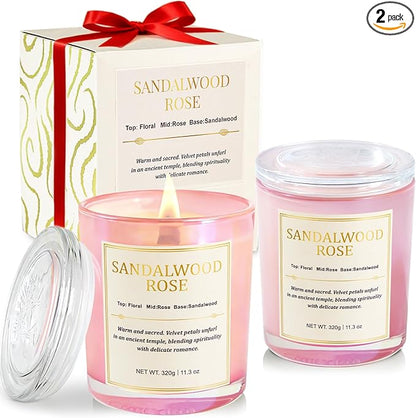 Candles for Home Scented- 2 Pack,Wood Wick Sandalwood Rose Scented Candle,22.6 oz 150 Hour Long Burning Lasting, Natural Soy Wax Candles Gifts Set