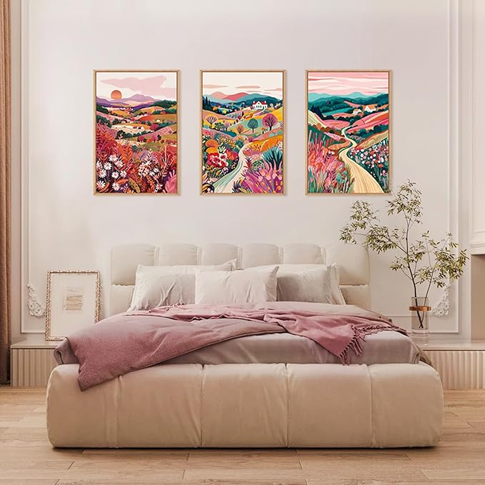 HLNIUC Boho Colorful Wall Art, Floral Mountain Framed Decor(24"x36"), Abstract Wildflower Nature 3 Piece Canvas Painting, Botanical Sunset Forest Art Print for Living Room, Bedroom, Office