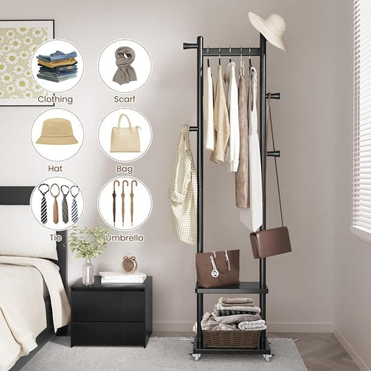 Solid Wood Coat Rack Freestanding Clothing Rack with Wheels & 2 Shelves Storage & 5 Hooks Heavy Duty Clothes Rack Wood Coat Tree Stand Hat Hanger Rack for Corner Bedroom Entryway Living Room Hotel