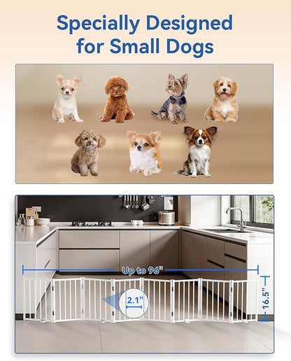Free Standing Foldable Dog Gate, 16.5" High Step-Over Metal Short Pet Gate, Up to 96" Wide Puppy Fence for Stairs and Doorways, Indoor & Outdoor Use, No Drilling and No Assembly, White
