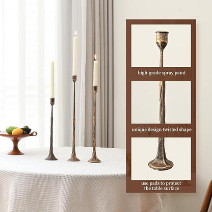 Set of 3 Candle Stick Holders, Iron Antique Gold Candlestick Holders, Fits 3/4 inch Thick Candles, Tapered Candle Holders Tall Set for Dining Table, Wedding, Home Decoration