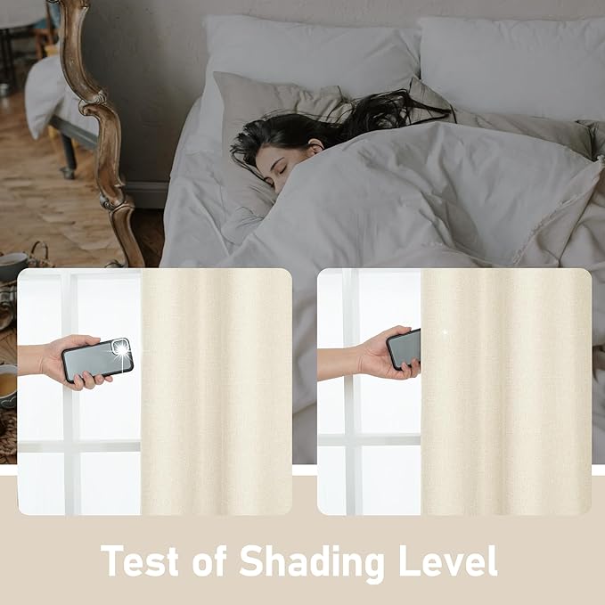 LAMIT Light Beige Linen Curtains 72 inch Long for Bedroom, Grommet Thick Light Reducing Thermal Light Filtering Curtains Window Panels for Living Room/Farmhouse, Set of 2 Panels, W52 x L72