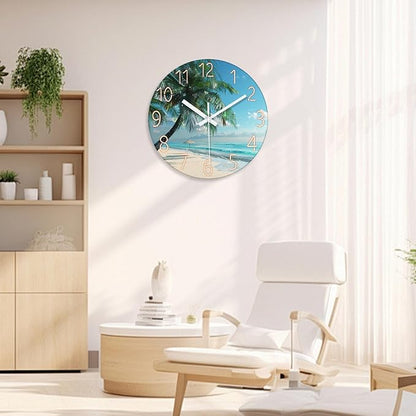 XFM Large Beach Wall Clock Silent Non-Ticking Battery Operated Clocks 24 Inch Blue Ocean Tropical Palm Tree Wall Clock Decorative for Living Room Kitchen Bedroom Office