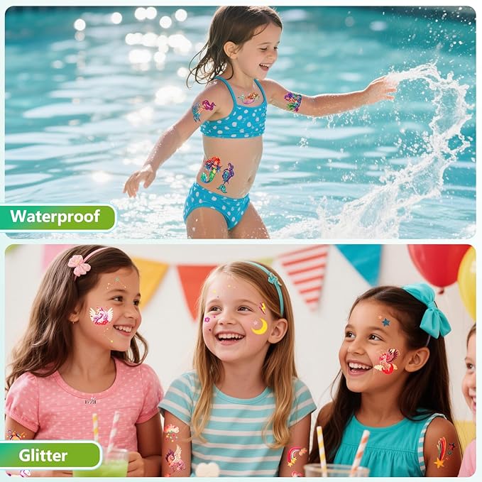 150+ Kids Glitter Temporary Tattoos for Girls – Individually Wrapped Party Favors, Waterproof Tattoo Stickers – Mermaid, Unicorn, Fairy, Butterfly Birthday Pinata Stuffers