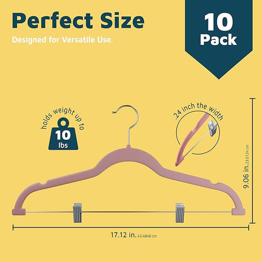 Velvet Pants Hangers – with Adjustable Clips, 360 Degree Swivel Hook, and Non-Slip Shoulder Notch, Holds Up to 10 lbs, for Organizing Skirt, Pants, Dress, and Clothes, Pack of 10, Pink