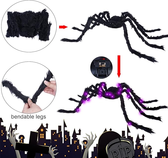 Halloween Spider Decorations 4ft Light Up Giant Spider(2 Pack) for Indoor Outdoor Halloween Decorations Yard Party House Décor