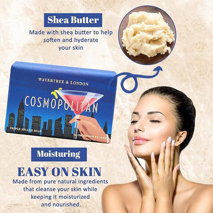 Wavertree & London Cosmopolitan Scented Natural Soap (2 Bars), 7oz Moisturizing French Triple Milled Soap Bars enriched with shea butter - Pure Plant Based Bath & Body Bars for All Skin Types