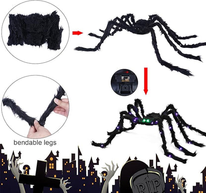 Halloween Spider Decorations 4ft Light Up Giant Spider(2 Pack) with Green Lighted Eyes for Indoor Outdoor Halloween Decorations Yard Party House Décor