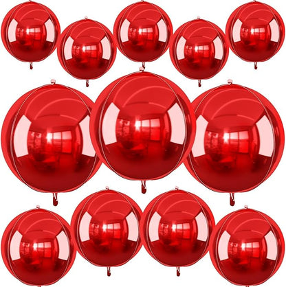 12Pcs Red Round Foil Balloons, 22" 15" 10" 4D Ball Balloons, Metallic Red Foil Balloon for Wedding Birthday Graduation Christmas New Year Party Decoration Supplies Backdrops