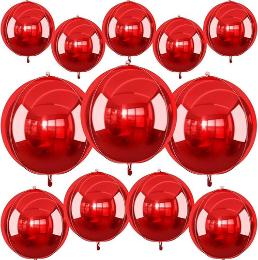 12Pcs Red Round Foil Balloons, 22" 15" 10" 4D Ball Balloons, Metallic Red Foil Balloon for Wedding Birthday Graduation Christmas New Year Party Decoration Supplies Backdrops