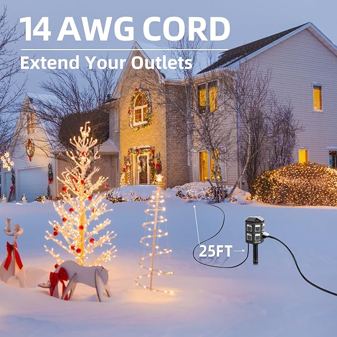 Outdoor Power Strip Weatherproof, 25 FT Extension Cord with Stake, 6 Grounded Outlets for Halloween/Christmas Decorations and Inflatables, 15A/1875W, ETL Listed