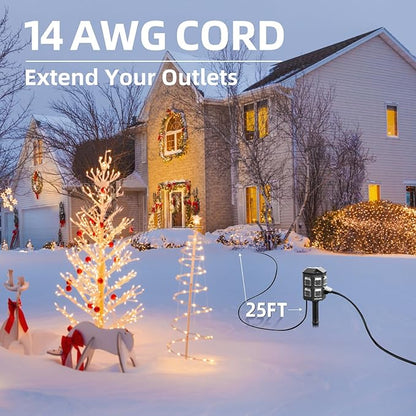 Outdoor Power Strip Weatherproof, 25 FT Extension Cord with Stake, 6 Grounded Outlets for Halloween/Christmas Decorations and Inflatables, 15A/1875W, ETL Listed