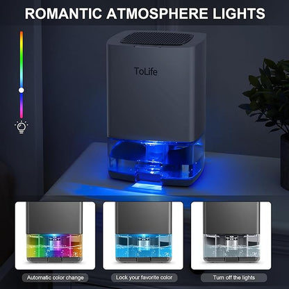 ToLife Dehumidifiers for Home 30 OZ Water Tank with Auto-Off 500 sq.ft Portable Small Dehumidifier for Bathroom Bedroom RV Closet Room 7 Colors LED Light, Gray