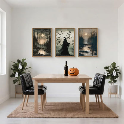 HLNIUC Large Halloween Decor Indoor, Witch Gothic Vintage Framed Wall Art 3pcs (16x24),Black Raven Dark Academia Pictures, Moody Moon Forest Spooky Canvas Painting for Living Room, Bedroom, Office