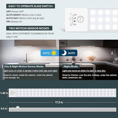 Under Cabinet Lighting, 84 LED Motion Sensor Light Indoor Rechargeable, 3200mAh Closet Lights Battery Operated for Kitchen Cabinets, Shelves, Walls